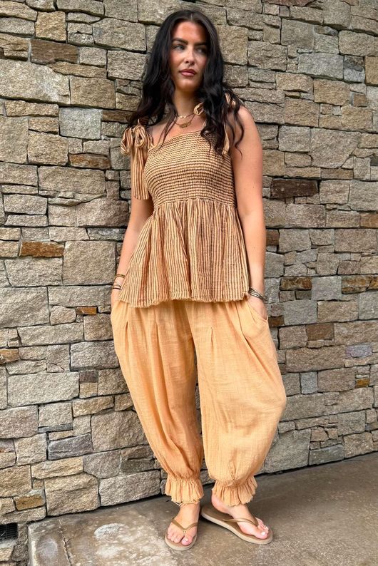 Sundaze Cheesecloth Chalk Stripe Tie Shoulder Top Tuscan Sun